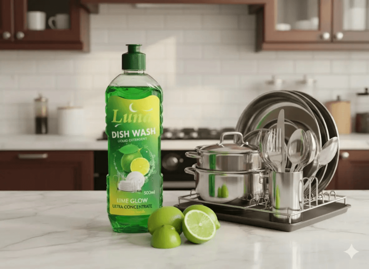 A Sparkling Clean with a Refreshing Zest Let your dishes shine with the invigorating power of Lime Glow. Bursting with the crisp essence of freshly squeezed limes, this premium formula cuts through grease and grime with ease- leaving behind nothing but a radiant shine and a naturally fresh scent.
Gentle on hands. Tough on grease. Beautifully green. Choose Luna Lime Glow Dish Wash- where clean meets glow.