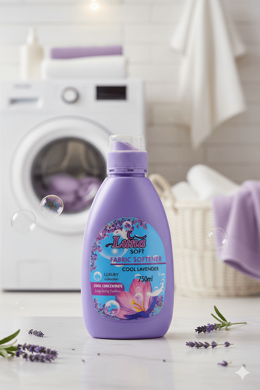 Indulge your fabrics in the delicate embrace of Cool Lavender- a gentle fusion of soft floral sweetness and sun-kissed fruit. Luna Fabric Softener smooths every fiber, leaving your clothes irresistibly soft, easier to iron, and infused with a long-lasting, elegant fragrance.